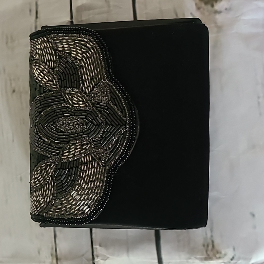 Black Satin Beaded Clutch with Braided Shoulder Strap